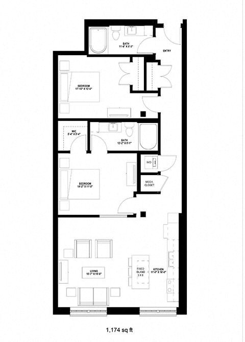 Floor plan for 2 beds, 2 baths, 1174 sqft
